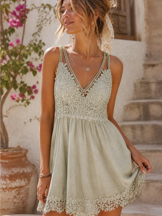 POL Dresses & Skirts - POL Anthropologie Style Lace Mini Dress Sage Green Crochet Boho Festival Strappy